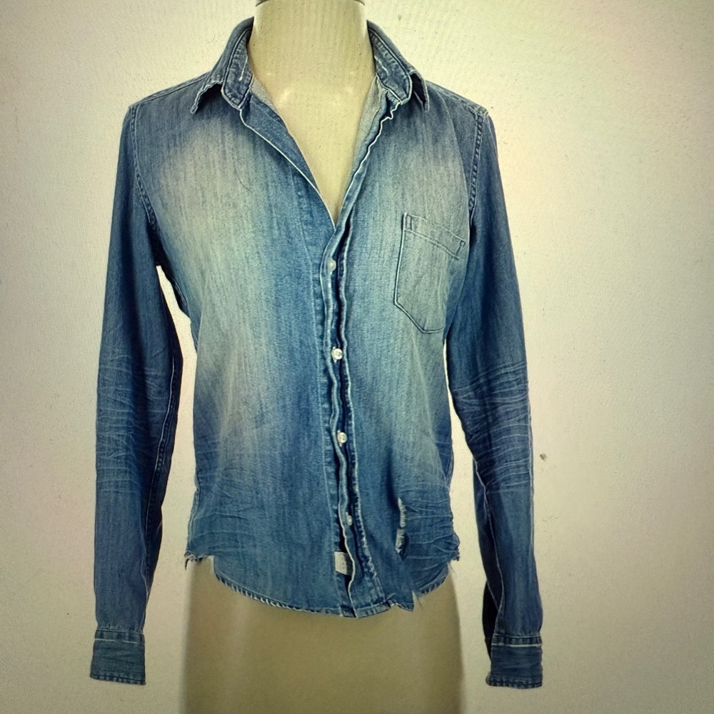 Frank & Eileen Barry Tattered Vintage Wash Distressed Blue Button Down Shirt